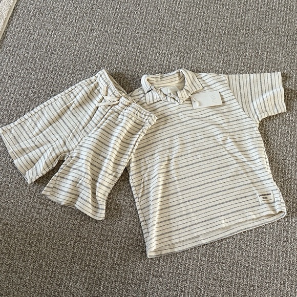 New Zara Kids Boys Cotton Cream Black Stripes Set Shirt Shorts 7-8